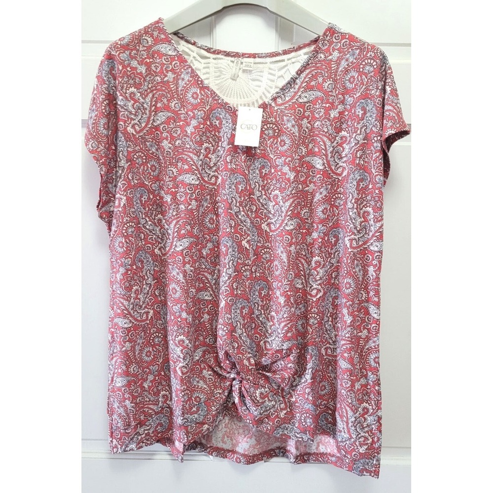 Cato Women's Knot Front Crochet Inset Paisley Boho Style Blouse - Red - 18/20